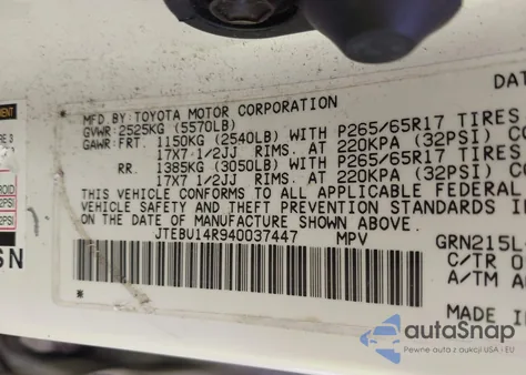 2004 Toyota 4Runner Sr5 V6 из США, поврежденный, VIN JTEBU14R940037447